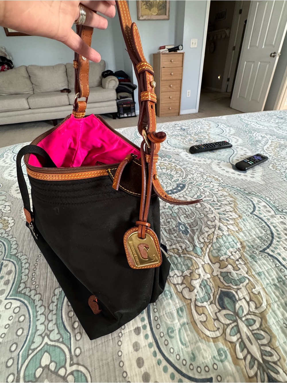 Dooney & Bourke Black Nylon Messenger Bag with Brown Leather Trim - Picture 6 of 7